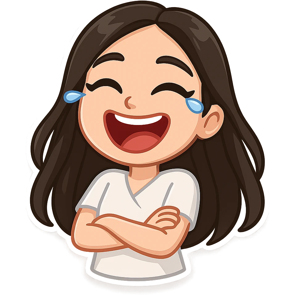 Create a chibi sticker of the girl from the reference image with long hair as shown. She is laughing, in 3D bitmoji chibi style with a white outline and transparent background. emoji