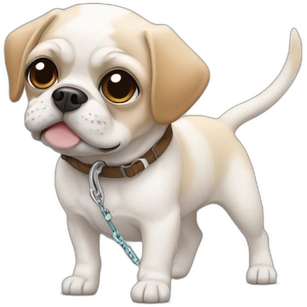 White Puggle with brown ears pulling on leash emoji