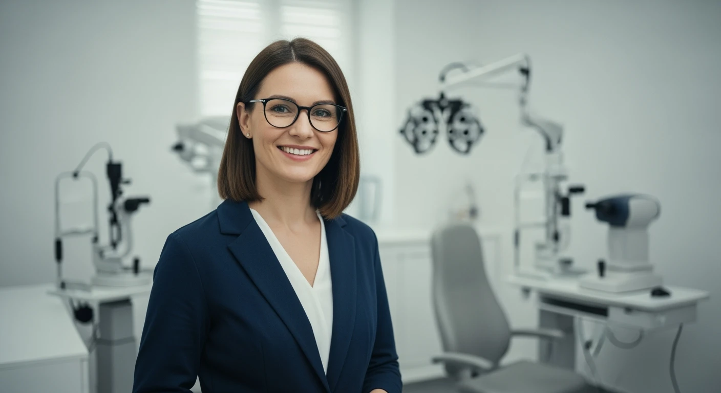 Cinematic still of a smiling european white woman with glasses smiling, minimalistic ophthalmologist interior in background, leading  lines, "rule of thirds" emoji
