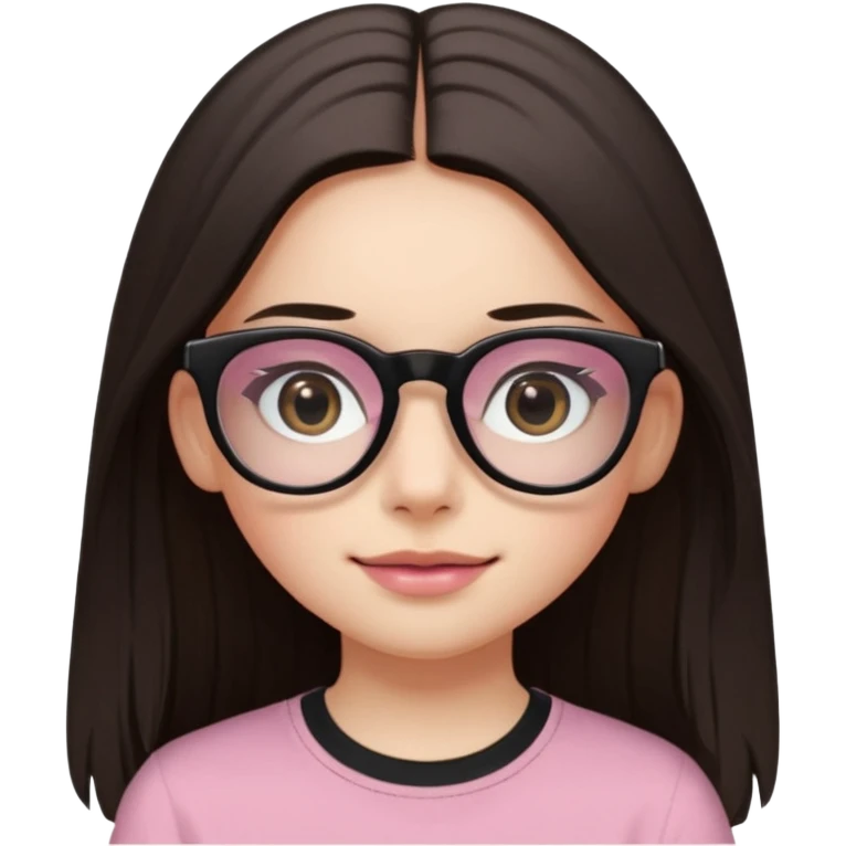 Girl with dark straight long hair, divided in the middle hairstyle. White skin, black eyes, wearing black shirt and tortoise framed glasses. The mounth is light old pink, with light smile with no teeth. emoji
