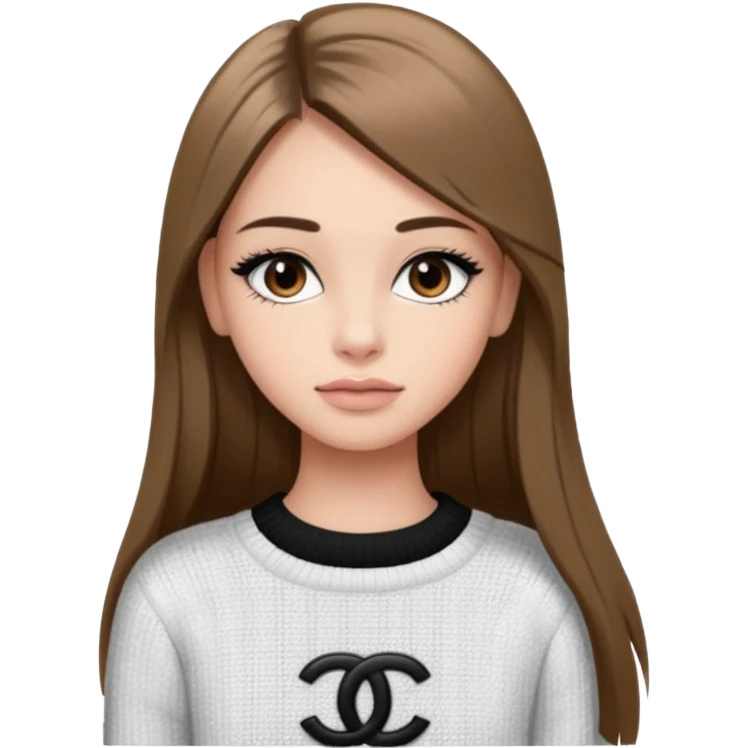 Une fille avec des faux cils, des yeux, marrons, des cheveux lisses un pull Chanel emoji
