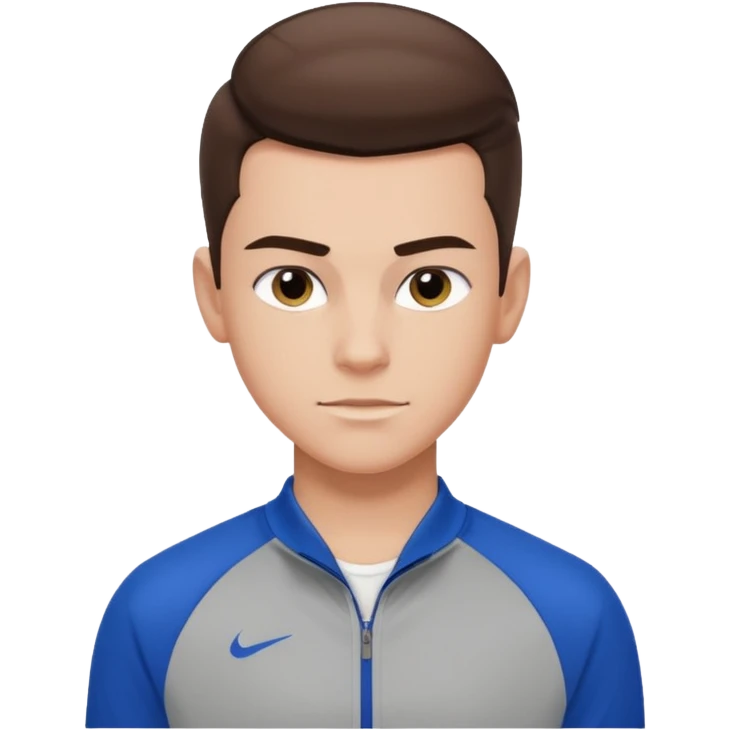 teen boy slick back brunette hair wearing sport clothes giving famous school boy vibe with confident attitude and smirk emoji