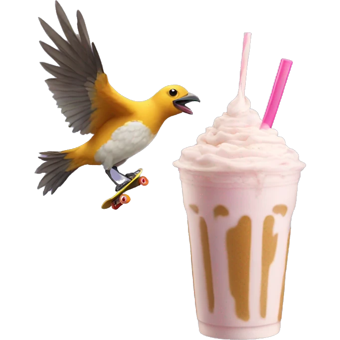 Bird skateboarding while drinking a milkshake emoji