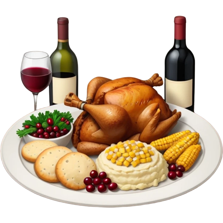 Thanksgiving Dinner with friends of all different races; have the food be a cooked turkey, mashed potatoes, corn, a basket of biscuits, a small bowl of cranberry sauce, baked yams, steamed vegetables, and a bottle of wine. emoji