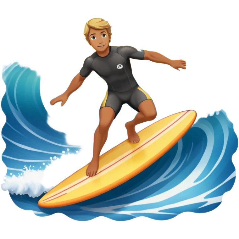 A surfer riding a large wave, skillfully balancing on their board as the ocean crashes around them. The scene captures the energy and excitement of surfing, with the sun setting in the background and the water sparkling under the light. emoji