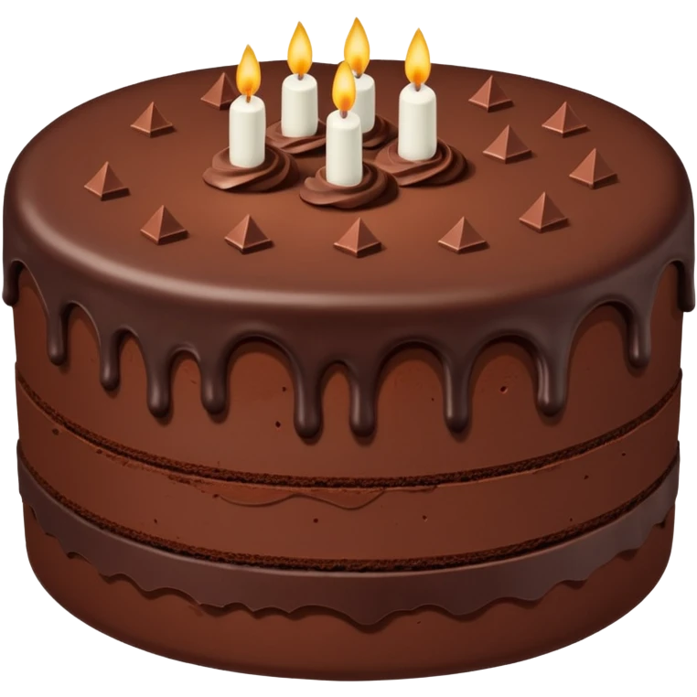 Chocolate fudge cake with chocolate base and chocolate frosting with chocolate pieces. Show the inside of the cake with three thin layers of a lighter chocolate filling  emoji