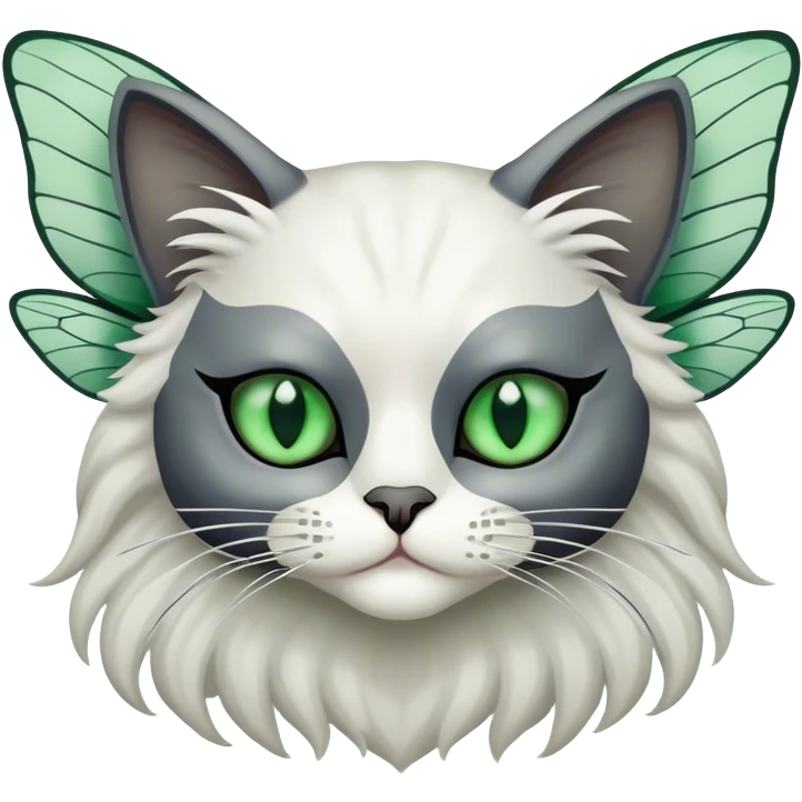 dark gray ragdoll Cat white mask with dragonfly wings antennae green eyes emoji