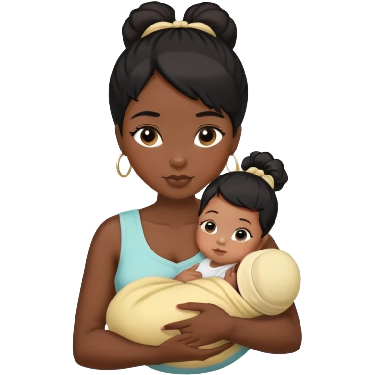 dark black hair girl cuddling a newborn baby and a girl  with a high ponytail emoji