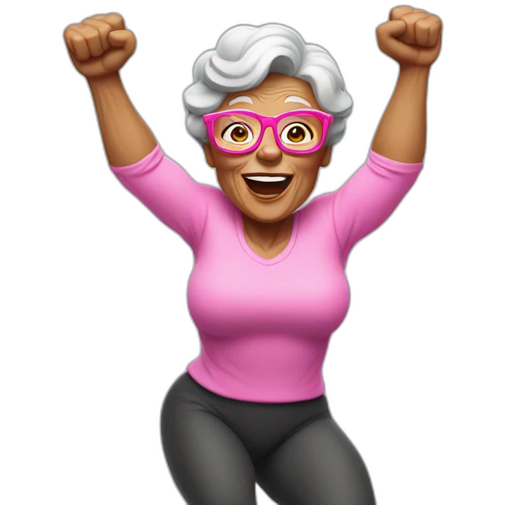muscle grandma raise jump high with pink glasses emoji