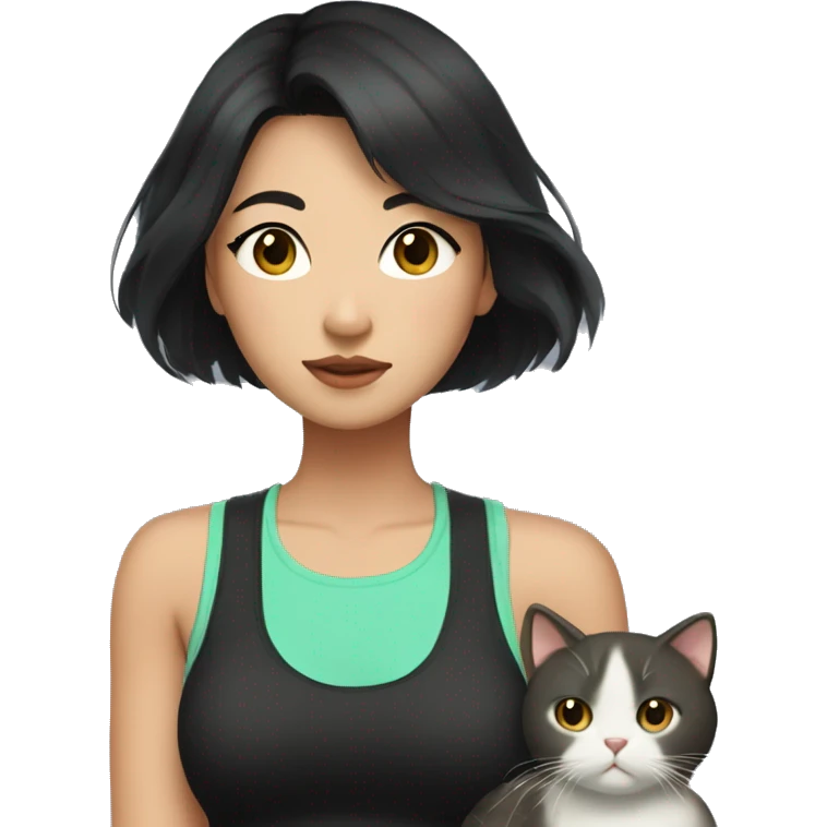 Asian woman with medium black hair, brown eyes. She's wearing a black tank top and mint shorts. And she has a cat in her arms emoji