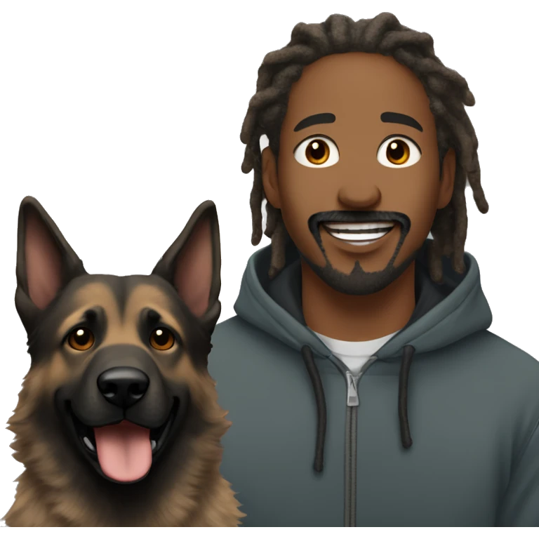 man with dreadlocks, mustache and goatee expressing joy dressed in a hoodie alongside a dark brindle colored german shepherd dog emoji
