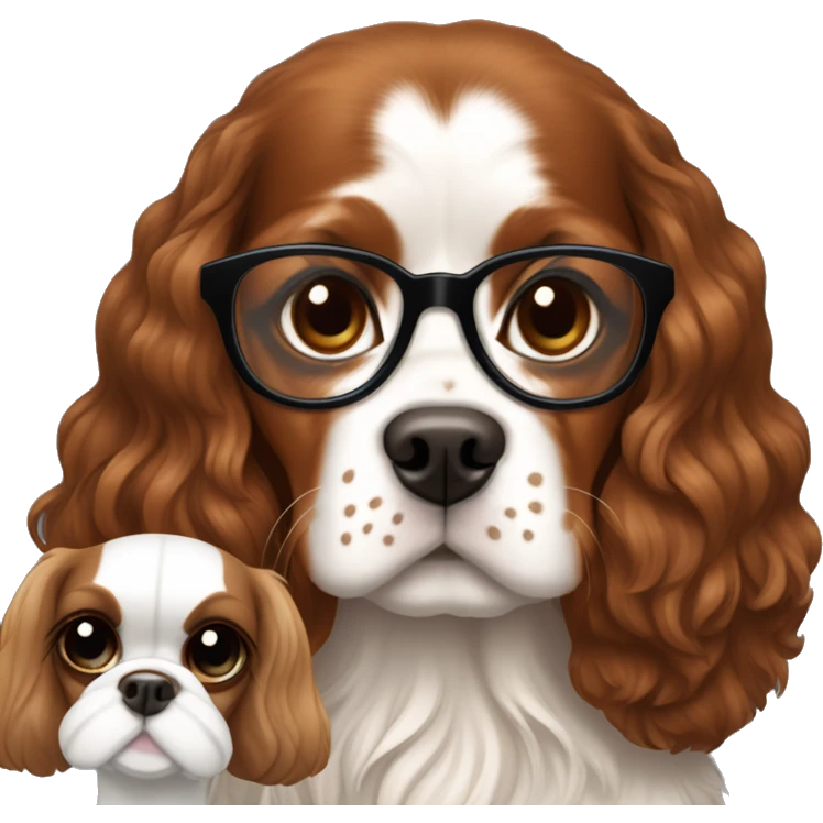White girl with brown hair wearing glasses holds a king charles spaniel dog emoji
