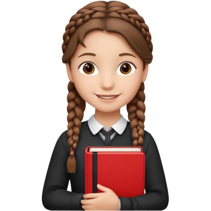 brown braid hair girl kid, student, black gile, red book emoji