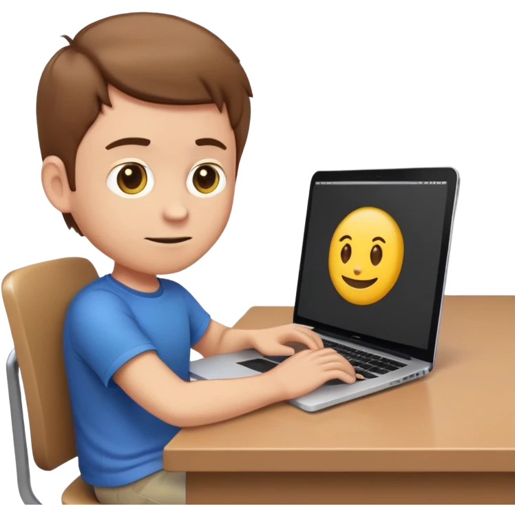 White male character in emoji style sitting at a desk, typing code on a MacBook laptop. He looks focused, has short brown hair, wearing a casual t-shirt, with code visible on the MacBook screen. Bright and colorful emoji-like illustration. emoji