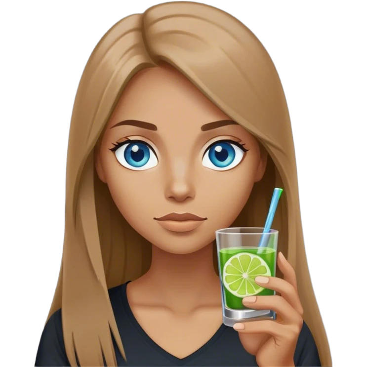 tan woman, black shirt, long light brown straight hair, grey blue eyes, holding a shot with lime emoji