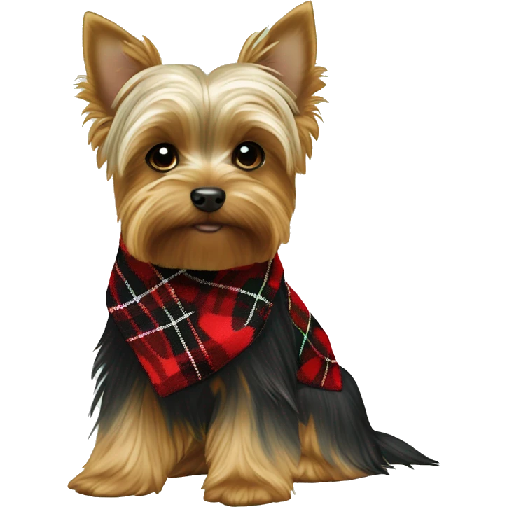 brown and white BOY yorkie with a red and black plaid sweater the a name tag bruno with a green christmas bandana around the neck emoji