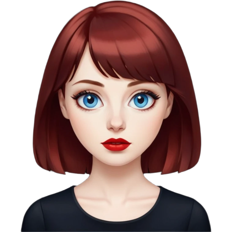 Artistic woman with pale skin, oval face, large blue eyes with eyeliner, thin eyebrows, small nose, red lipstick, dark auburn hair with bangs and slight waves, wearing a stylish black top, creative expression emoji