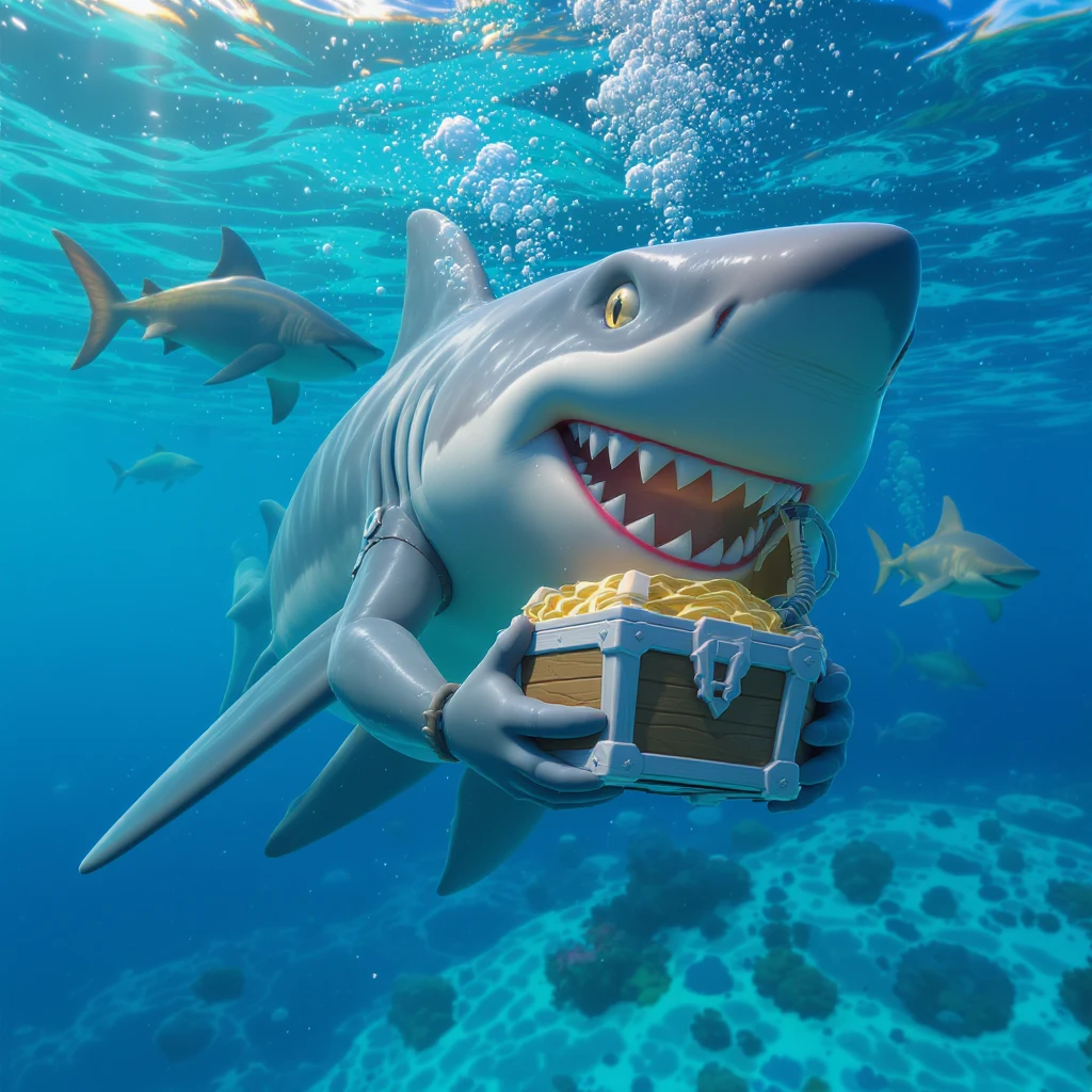 portrait, closeup, 3D, symmetrical, fortnite art style, diver holding chest underwater, happy shark swiming around him, blue crystal water, sunny day emoji