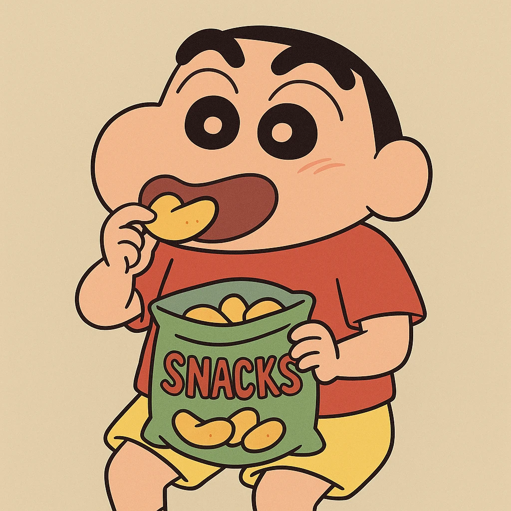 Shin Chan character, eating snacks, cheerful mood emoji