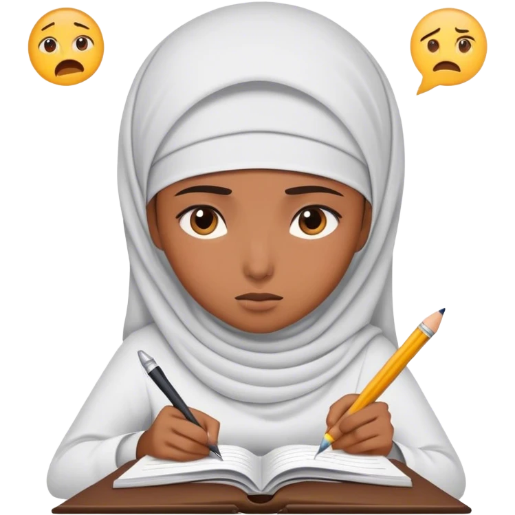 muslim girl writing in notebook with difficulty, with confusion, emoji question emoji