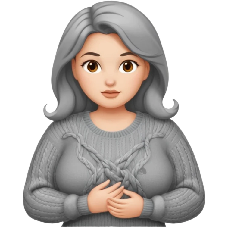 Design a woman’s grey sweater for a seductive voluptuous woman with brown wavy hair. Only design the sweater. Remove the woman emoji