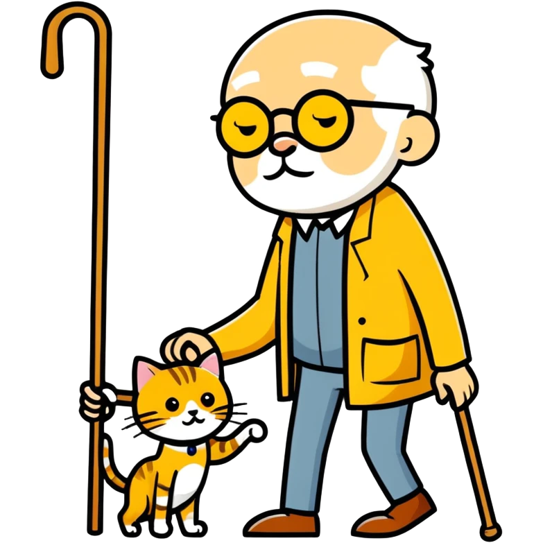  old blind man and his walking stick with golden cat ￼ emoji