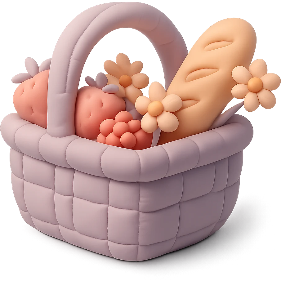picnic basket with berries, bread, and flowers in warm pastel shades, cushion style emoji