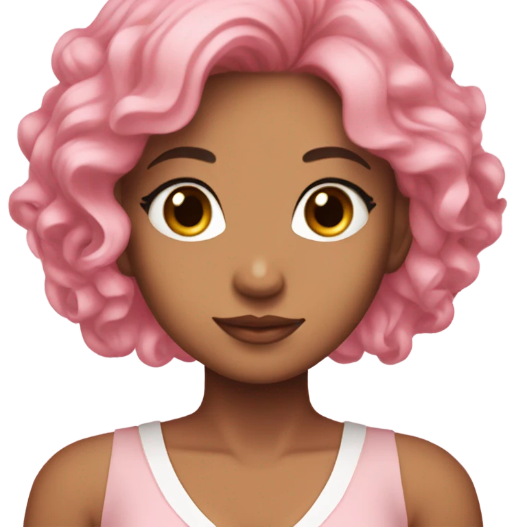 karina from aespa. with pink hair, wearing a light pink dress with a ribbon in the middle. Her hair is a beautiful layered model. emoji