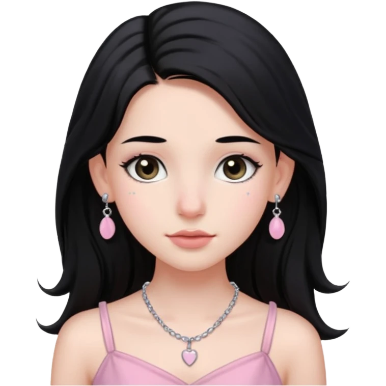 Menina branca ,cabelos pretos longos, olhos pretos puxados para cima. Cílios longos, lábios grossos ,nariz pequeno.vestido rosa claro de alça. Colar e brinco prata pontinho pequeno. Jovem  de 16 anos  emoji