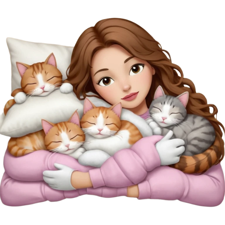 girl with long wavy brown hair, brown eyes, long lashes makeup, sexy pink lips, light to medium complexion,  sleeping on a cozy pillow, with 6 cats: 1 brown and white tabby cat, 1 ginger and white, 2 grey and white, 1 grey has white mittens and small white patch on its chest and 1 calico, sleeping emoji