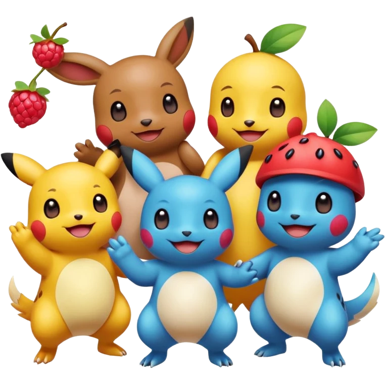 Three Pokémon characters showing kindness and teamwork. One Pokémon is handing a berry to another, while the third Pokémon is cheering and clapping happily. They look joyful and friendly, standing close together in a bright, colorful cartoon scene. The style is cute, playful, and emoji-like. emoji
