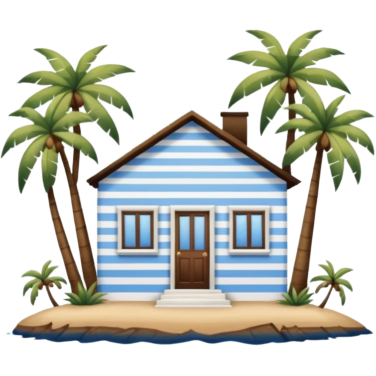 A full square white and blue stripe house horizontally with brown wooden door on a island with palm trees  emoji