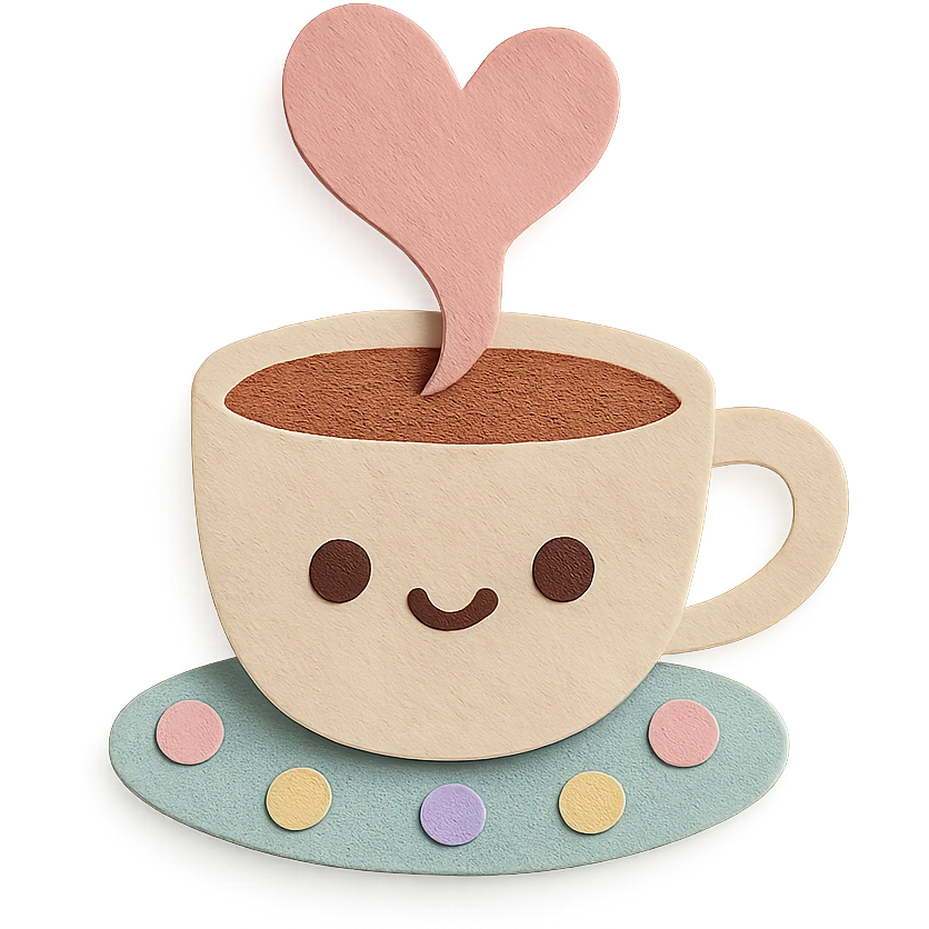 coffee cup with heart-shaped steam, kawaii style, pastel polka dot background emoji