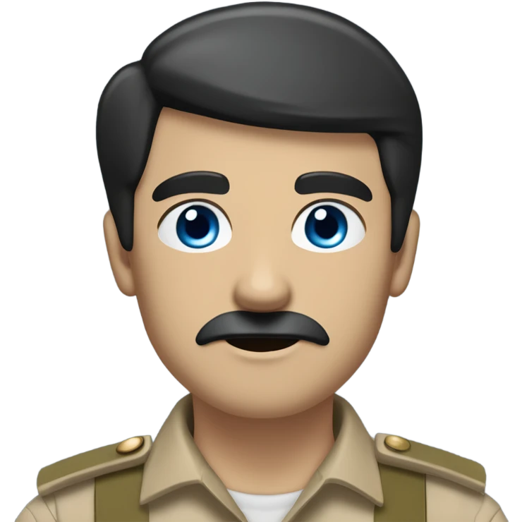 A man with black hair combed left, sharp blue eyes, and a pale, angular face. He has a small mustache, pointed nose, and wears a light brown military shirt with a red armband emoji