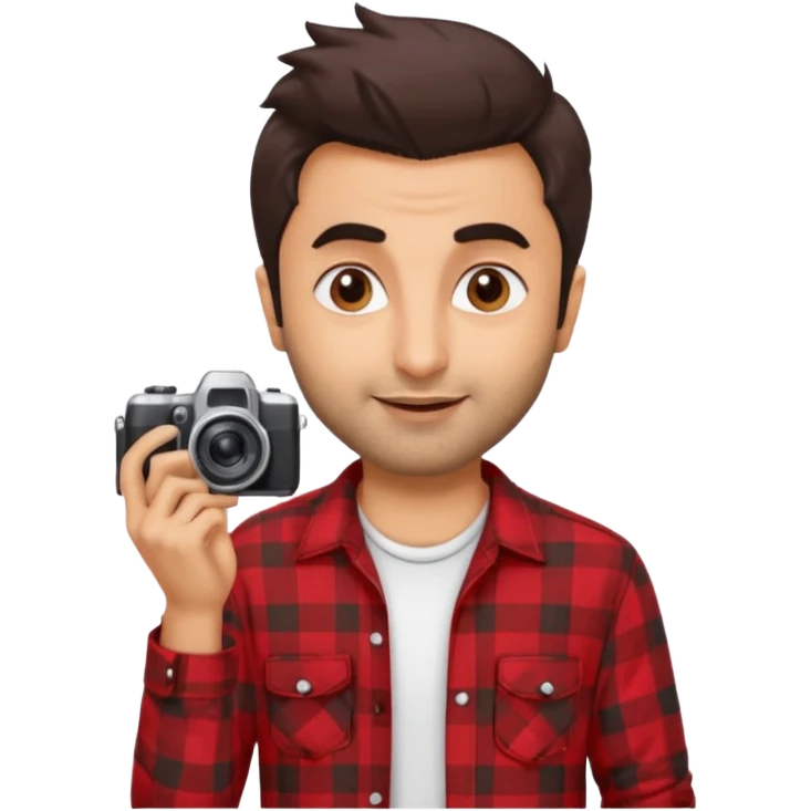 generate a pretty bratz emoji 
Make her look like Ranbir kapoor wearing a red flannel shirt,with white tee underneath. smirking and carrying a camera

he should look exactly  like ranbir kapoor!  emoji