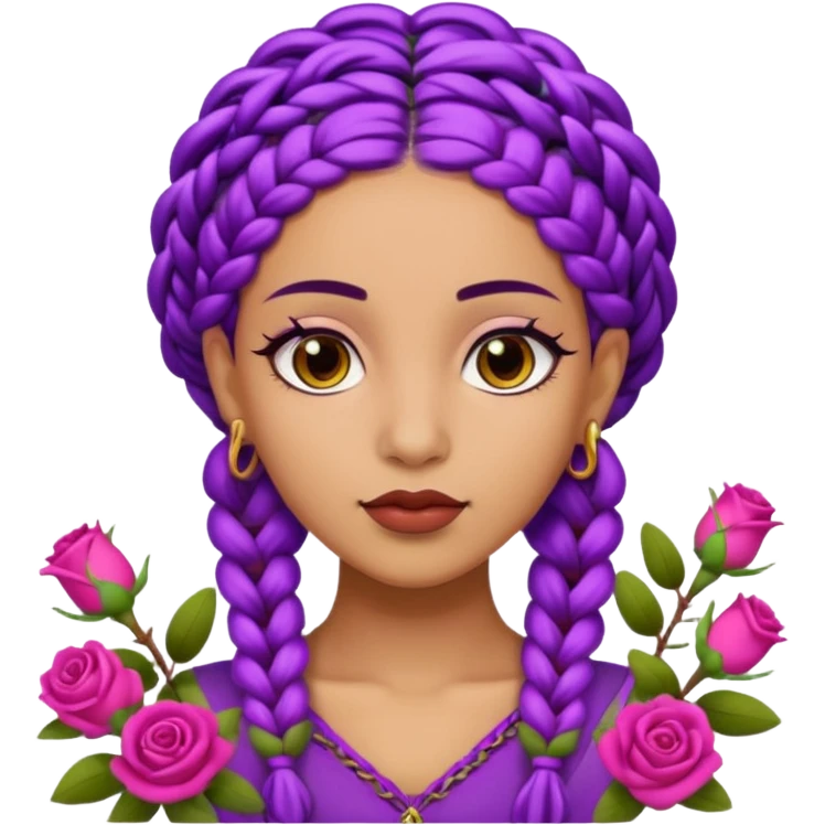 Olive skin queen with purple braids, brown eyes surrounded by roses emoji