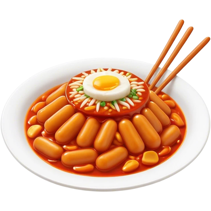Cinematic Realistic Tteokbokki Dish Emoji, showcasing spicy, chewy rice cakes in a fiery sauce rendered with lifelike detail and bold, dynamic lighting. emoji