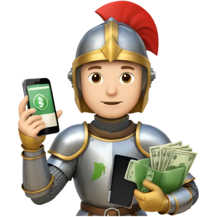 Knight with helmet holding phone and money neutral skin colour emoji