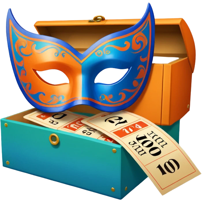a box and a carnival mask in orange, blue and green with tickets as a bundle emoji