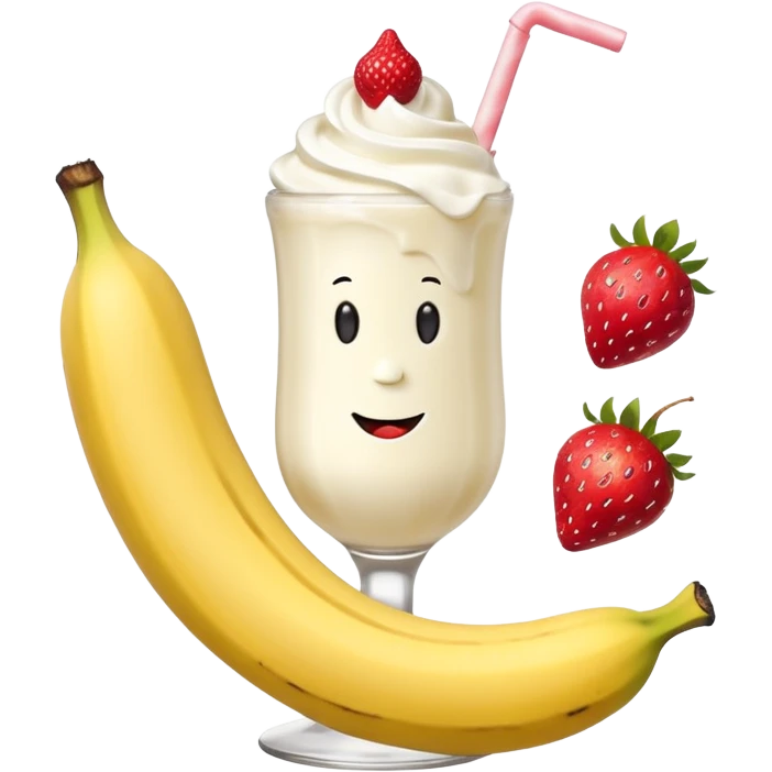 Milkshake vanilla with a banana sticking out of the milk shake it and two strawberries on both sides of the banana at the very tip of the banana, whipped cream and a smiley face one big banana coming out of milk shake emoji