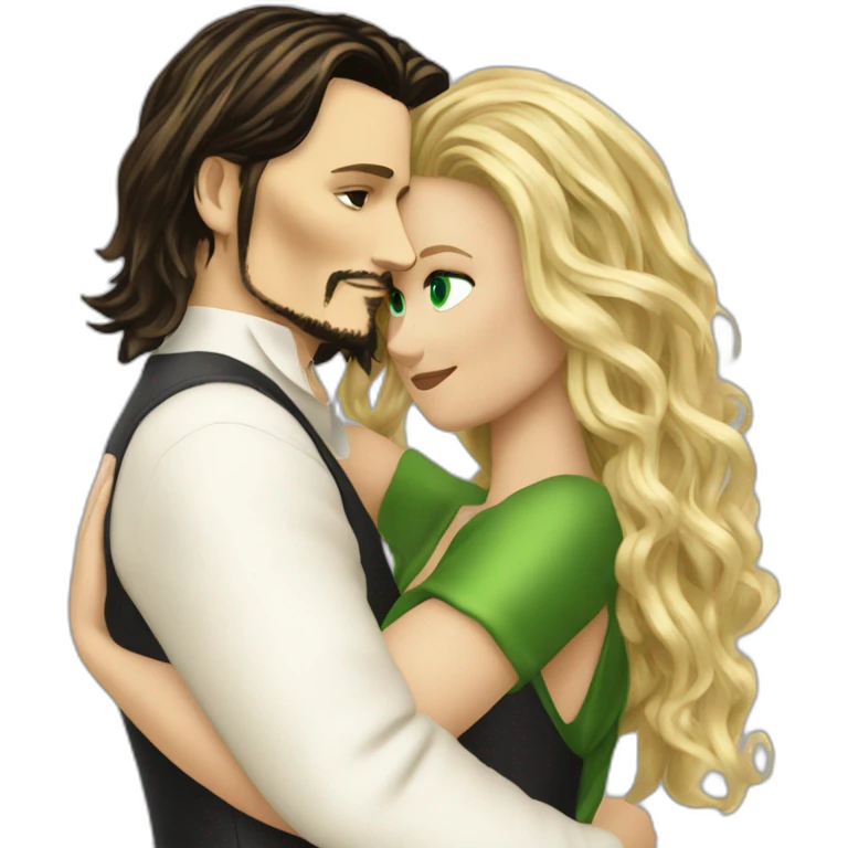 Johnny Depp dance hugging blond woman with green eyes amd very very very long hair emoji
