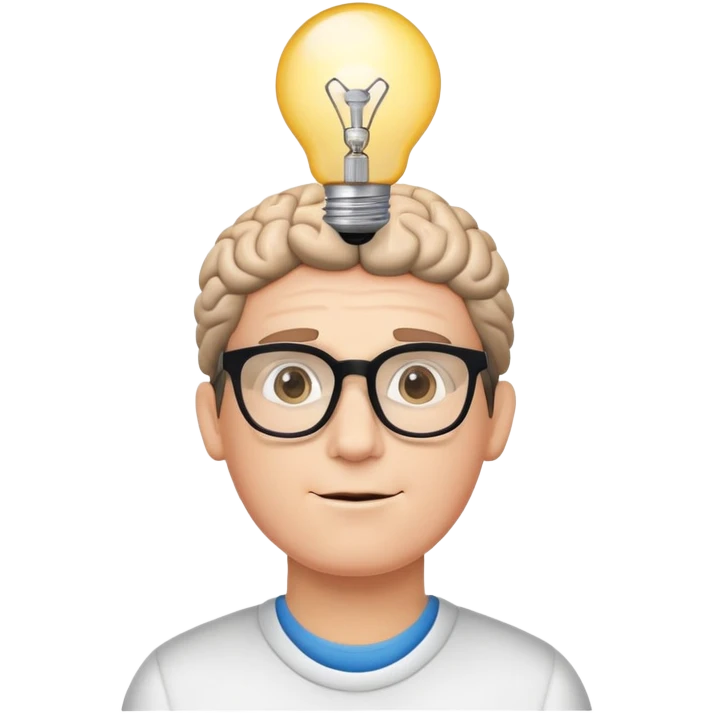 A character with a big brain, glasses, and lightbulb above head, looking smart and intelligent emoji