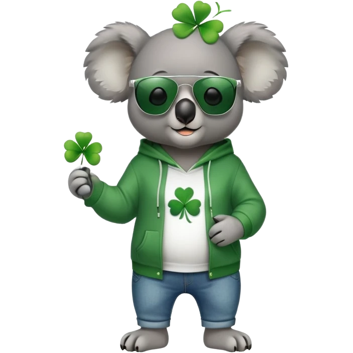 anthropomorphised koala, full body, wearing a hoodie and jeans, dark sunglasses, headphones, dressed for St. Patrick's Day, different pose emoji
