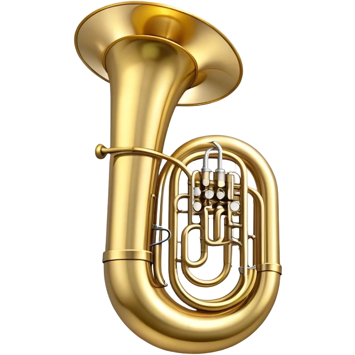 Create a large and bold emoji representing a tuba. The design should feature the tuba’s iconic, large, curved brass body, with its wide bell and tubing wrapping around. Highlight the visible valves and their metal buttons, showcasing the characteristic structure of the instrument. The brass finish should be shiny, with golden tones and subtle reflective light effects to highlight its polished surface. Add soft musical notes or soundwaves emanating from the bell to evoke the deep, resonant sound of the tuba. The background should be transparent. emoji