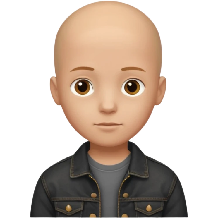  a young boy with bald head, black jeans jacket, plain forehead emoji