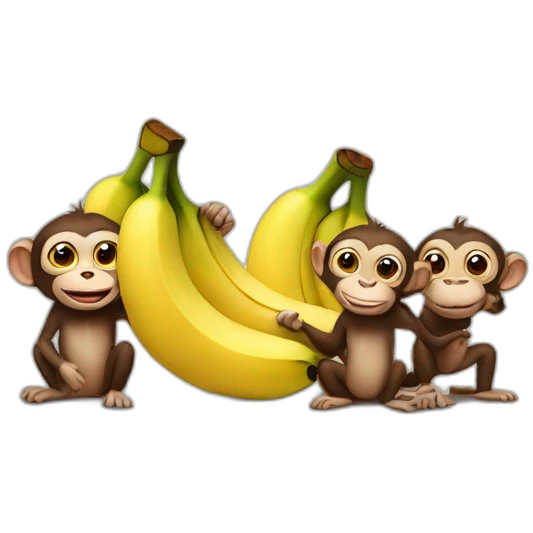 Three different monkeyscuddlign with bananas in their hand  emoji