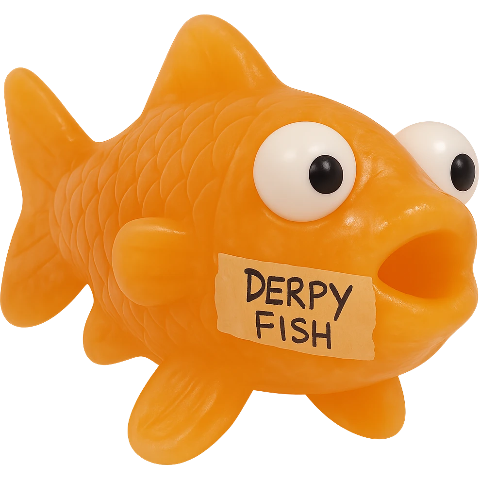 Make the fish slightly more transparent and a bit shinier. Keep the masking tape stuck across the whole side with 'Derpy Fish' written in sloppy sharpie handwriting. The fish should remain bright orange, retro 90's toy look, derpy eyes, soft plastic, soft and squishy texture, some cloudiness, highly detailed, appealing. The masking tape should look realistic and clearly stuck to the fish's body. No background. emoji