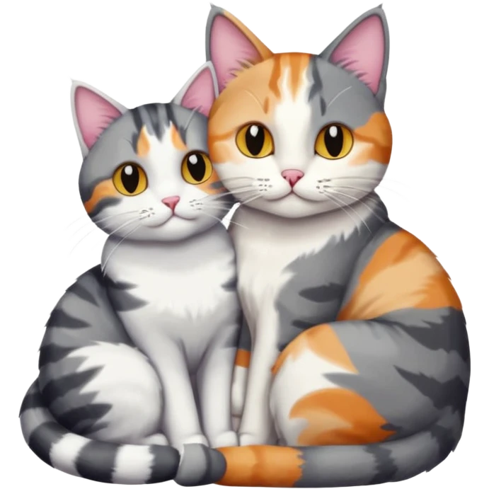 two cats in love, a colourful light patched calico + white tabby cat cuddling a bigger cat that is dark grey and white tabby cat emoji