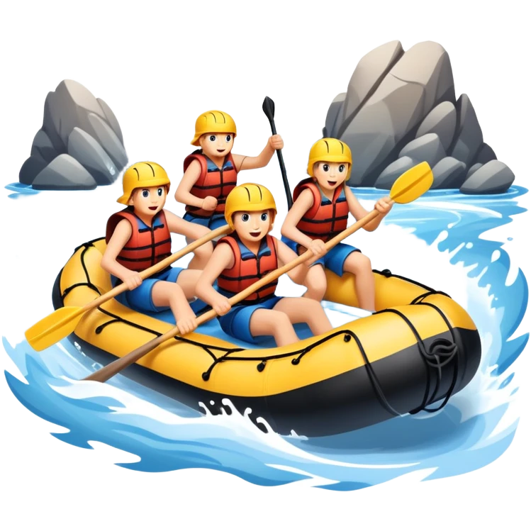 A group of adventurers paddling a raft through wild, fast-moving river rapids. The scene includes splashing water, rugged rocks, and intense action, emphasizing the excitement and teamwork of rafting in challenging conditions. emoji