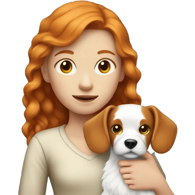 Ginger girl holding small white dog emoji